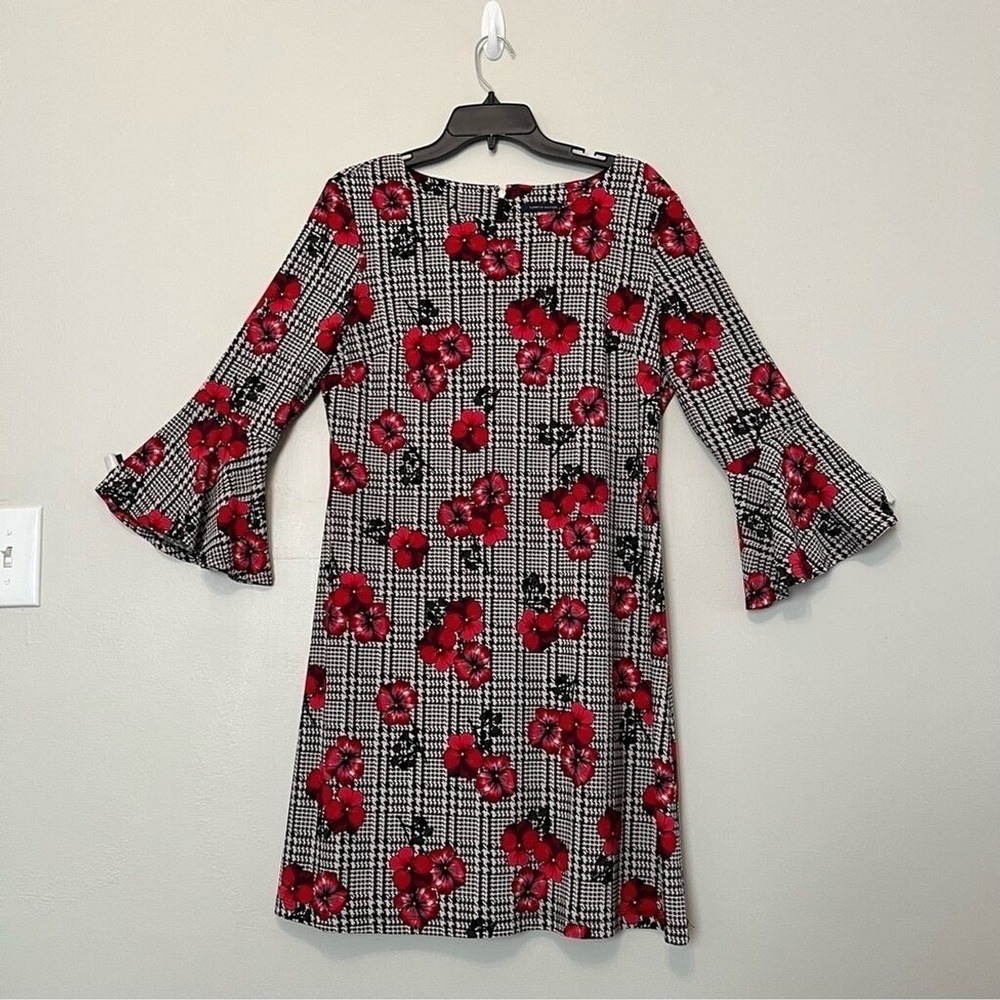 Tommy Hilfiger Womens Floral Houndstooth Bell Sleeve Stretch Shift Dress Red 12
